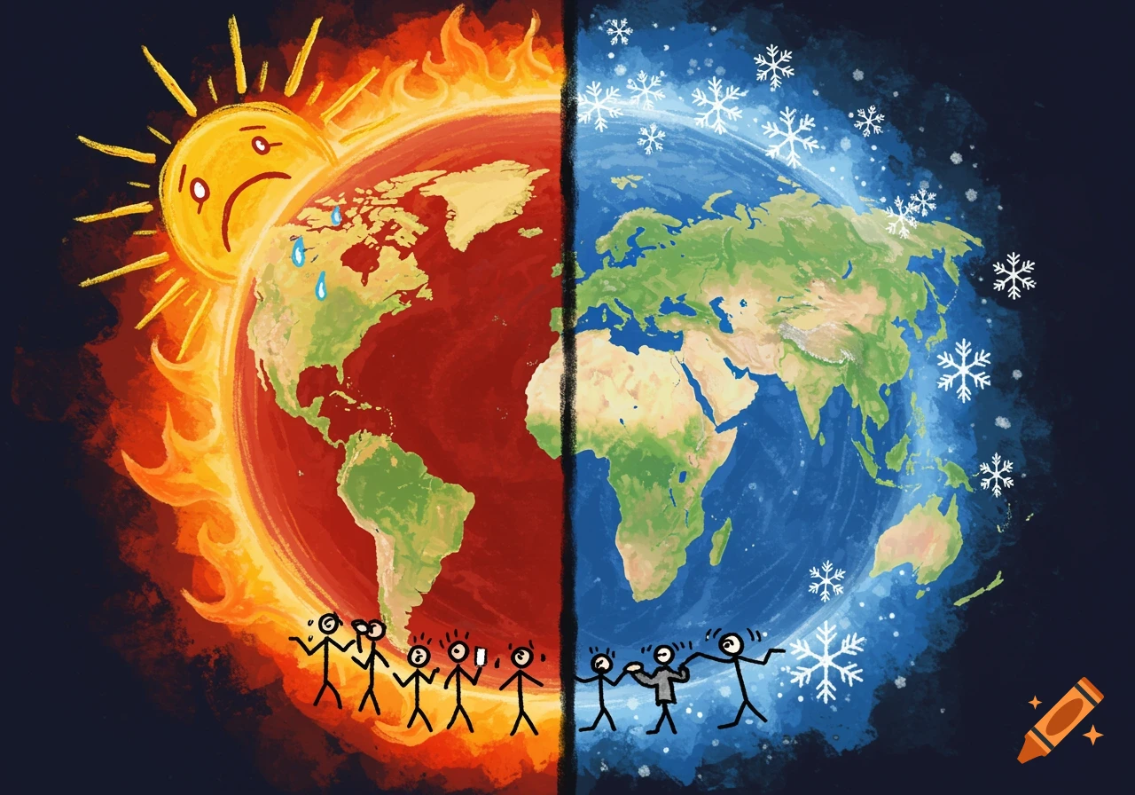 Childlike illustration of Earth split in half: one side hot with sweating stick figures, the other cold with shivering stick figures.