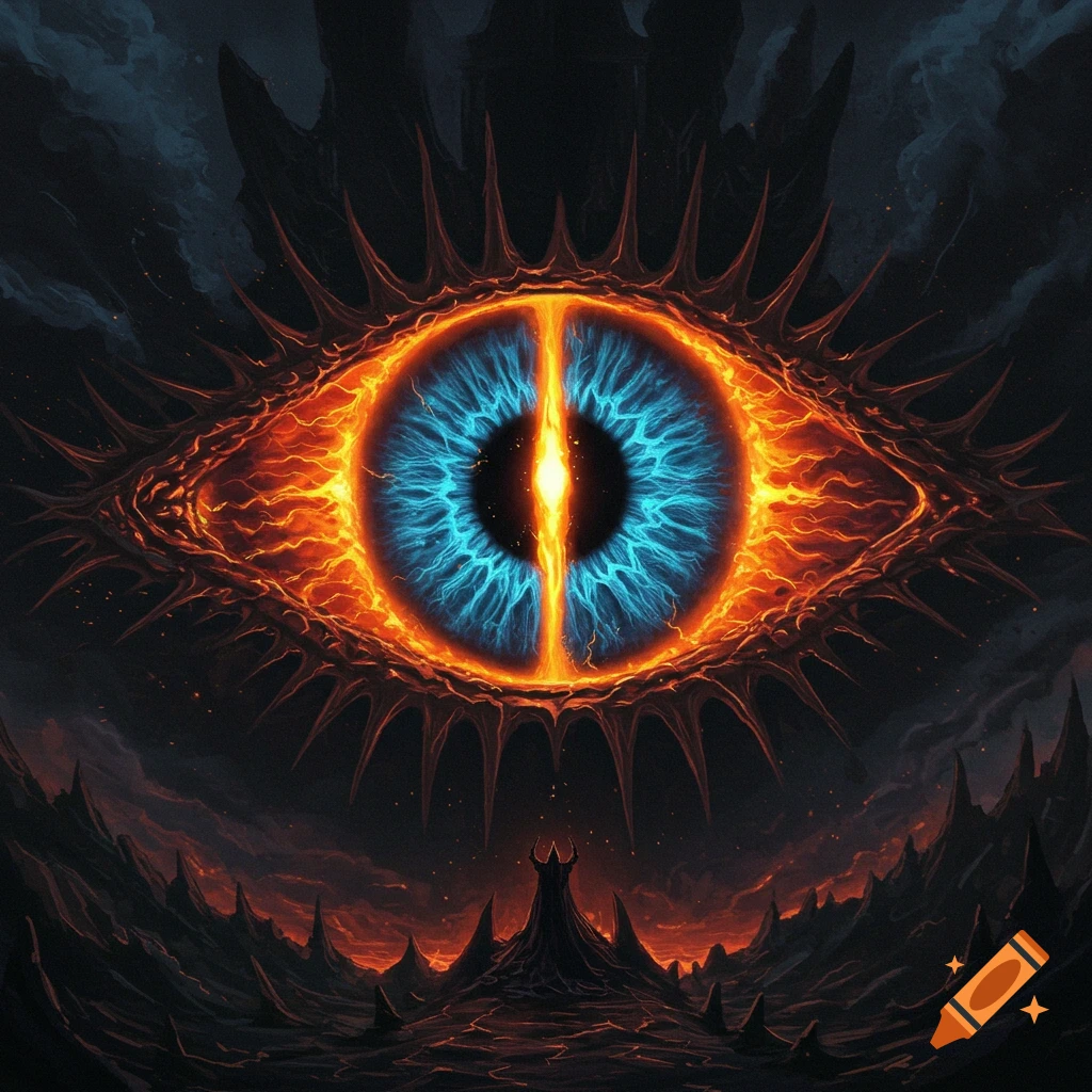A massive fiery eye with a blue iris stares down over a desolate, rocky landscape in dark fantasy art style.