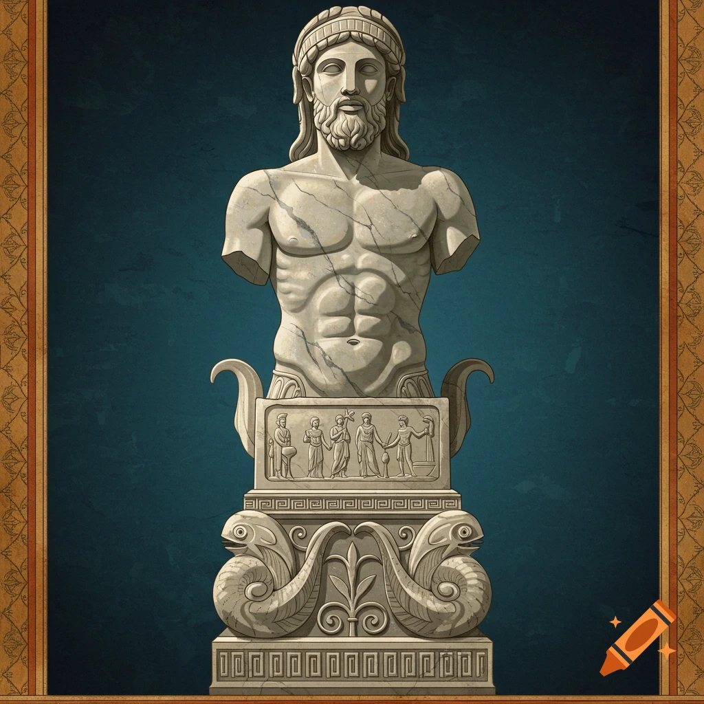 A marble bust of a figure with a beard on a decorative base with carvings and snakes.