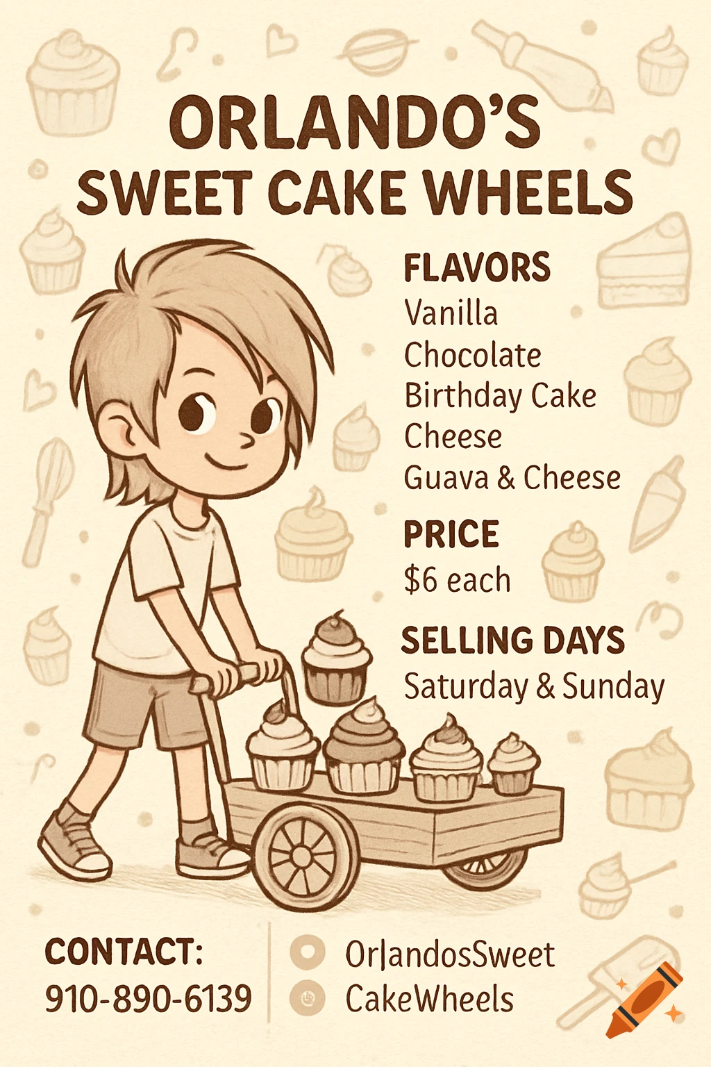 Cartoon flyer for Orlando's Sweet Cake Wheels showing a boy pulling a cart of cupcakes and text details.
