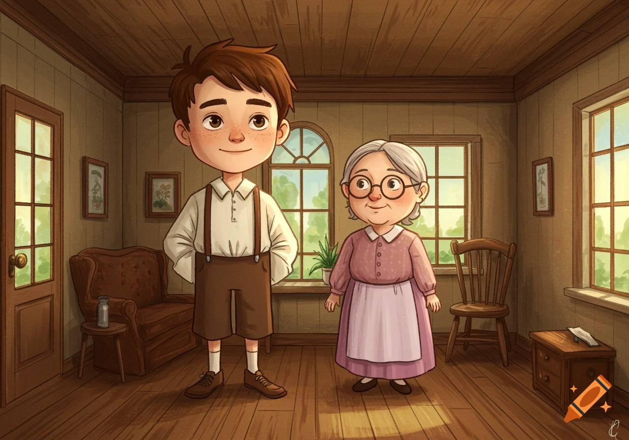 Cartoon illustration of a tall boy and a shorter old woman standing in a rustic room.