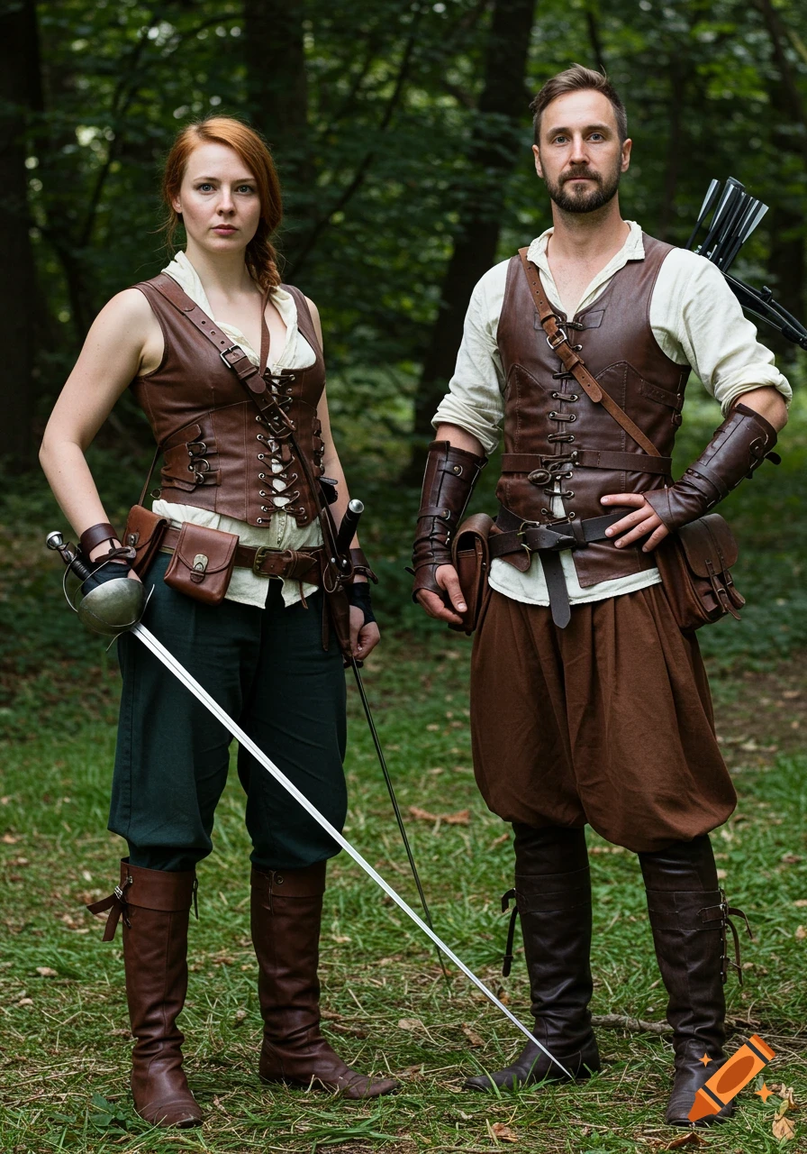 Two people in fantasy leather costumes holding swords in a forest clearing.