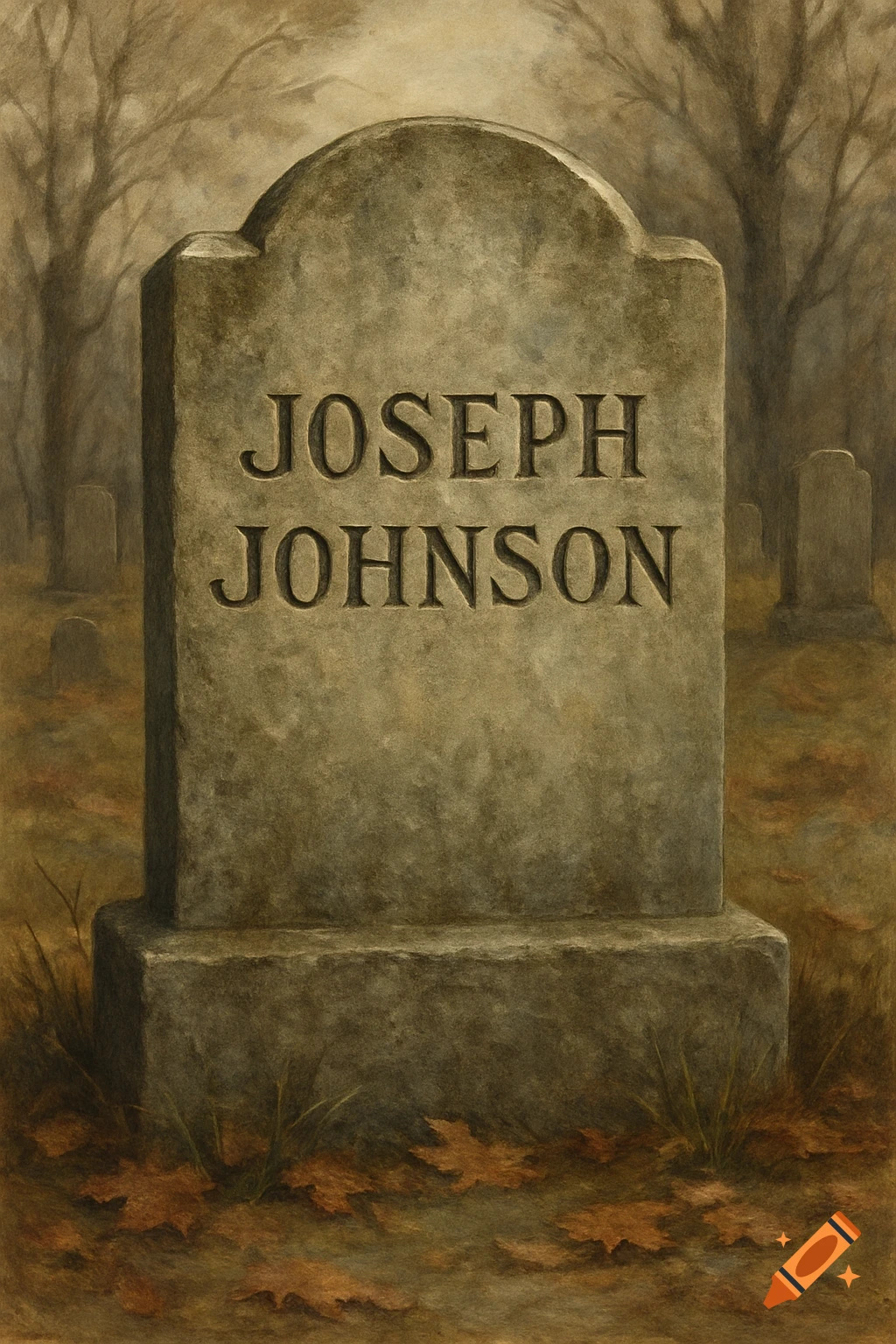 A painting of a weathered tombstone in a cemetery that reads "Joseph Johnson". Fallen leaves are scattered on the ground.