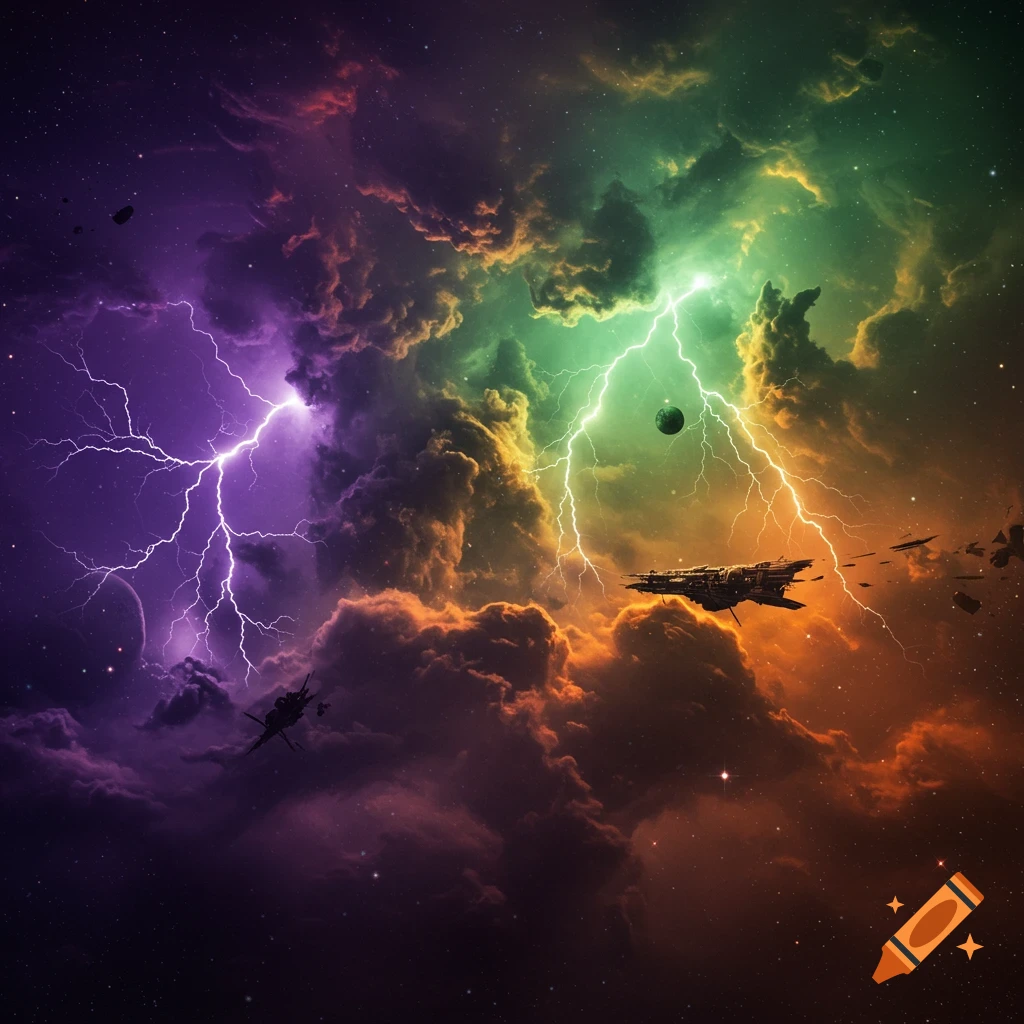 Spaceships fly through a colorful space storm with lightning.