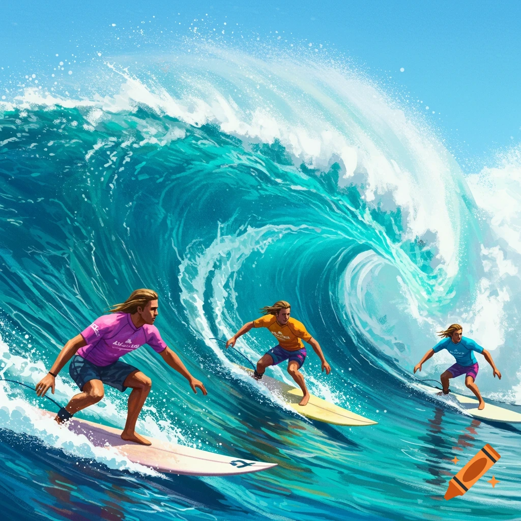Three surfers ride a large blue wave in the ocean, illustration style.