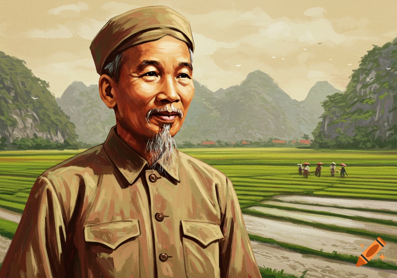 Painted portrait of Ho Chi Minh in a rural landscape with rice fields and mountains.