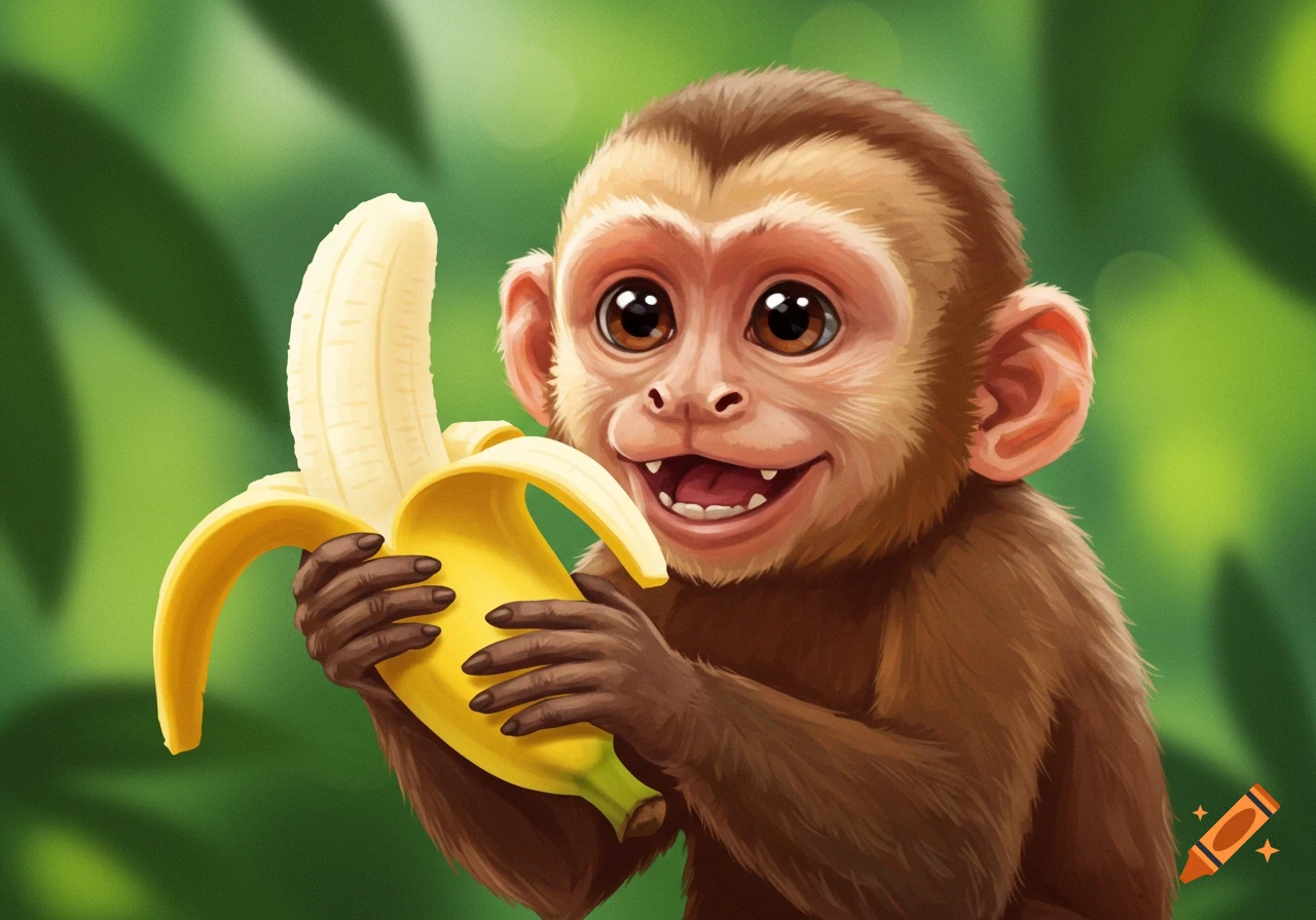 A cartoon monkey holding a peeled banana in front of green foliage.