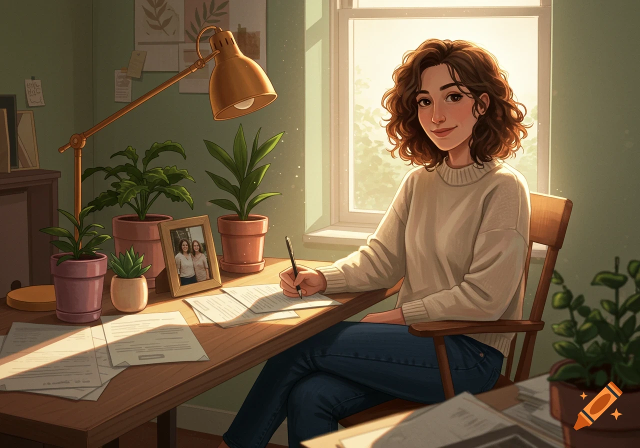 An illustration of a woman with curly brown hair writing at a desk in a sunlit home office with plants.
