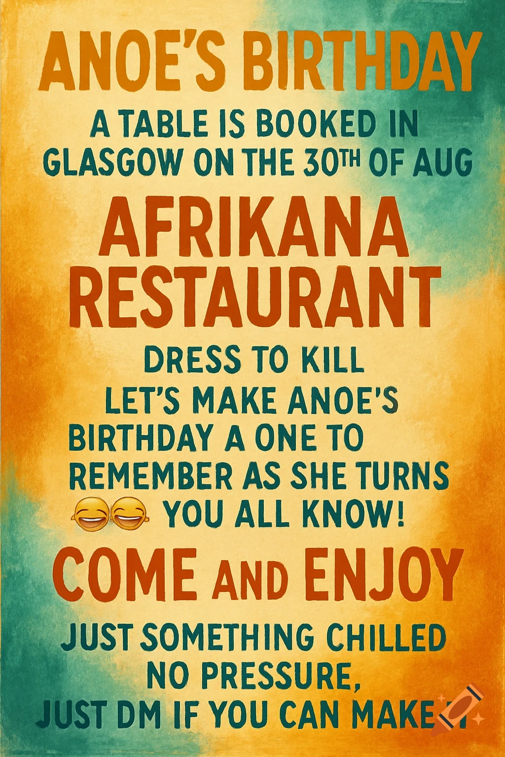 Birthday party invitation poster with text and emoji on a textured background