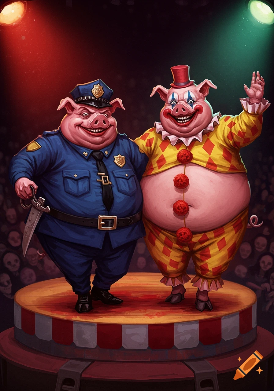 Two pig characters, one a police officer with a knife, the other a clown, stand on a stage in a grotesque horror style.