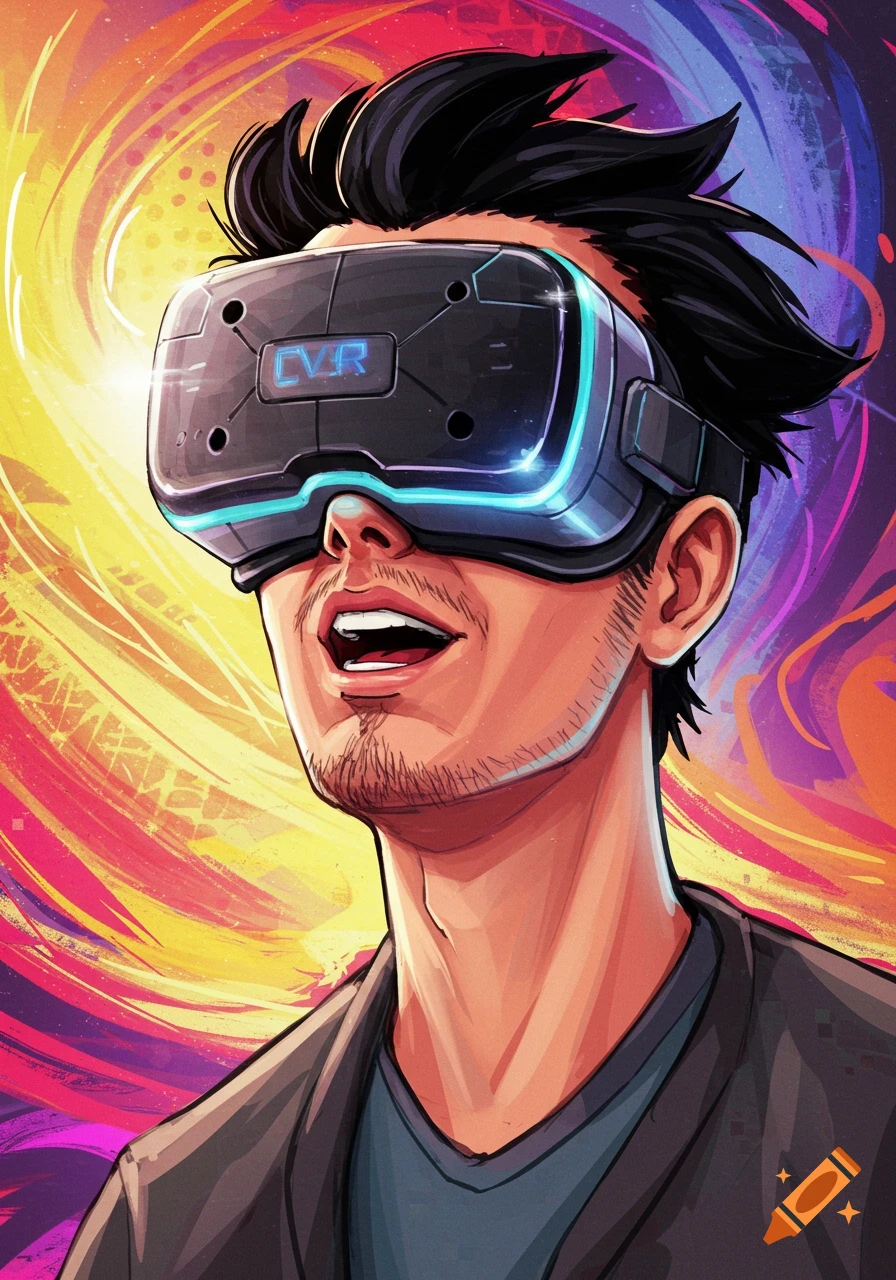 Stylized illustration of a man wearing a VR headset against a colorful, abstract background.