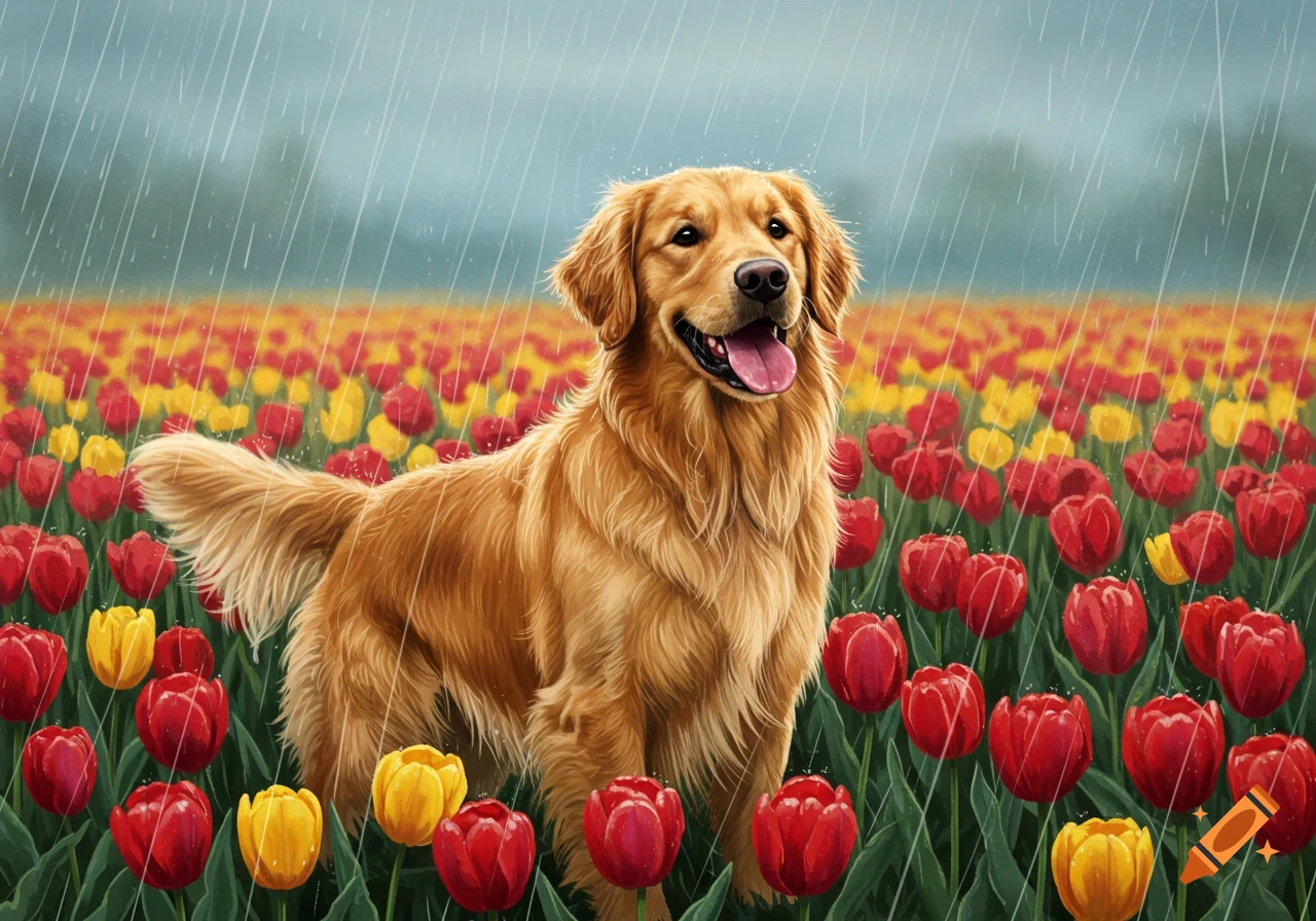Golden retriever standing in a field of red and yellow tulips in the rain.