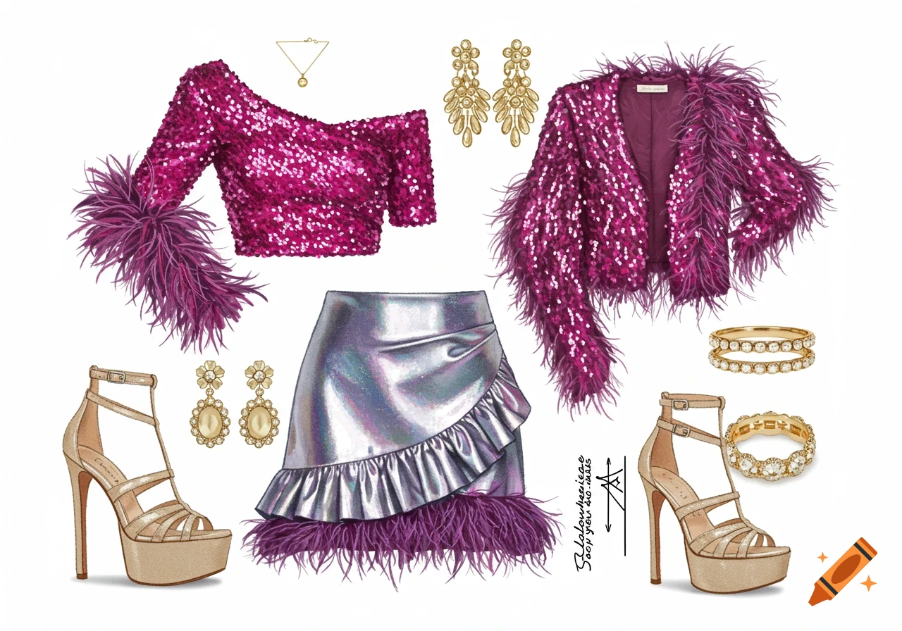 Fashion illustration of a fuchsia sequin top, iridescent silver skirt, feathered jacket, gold platform heels, and jewelry.