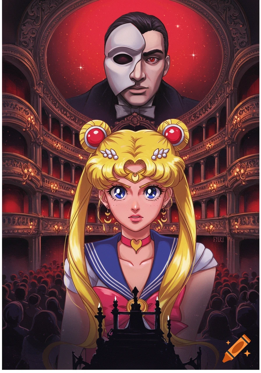 Anime style depiction of Sailor Moon and Phantom of the Opera in an opera house.