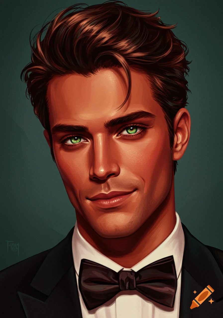 Digital painting portrait of a handsome man with green eyes in a tuxedo