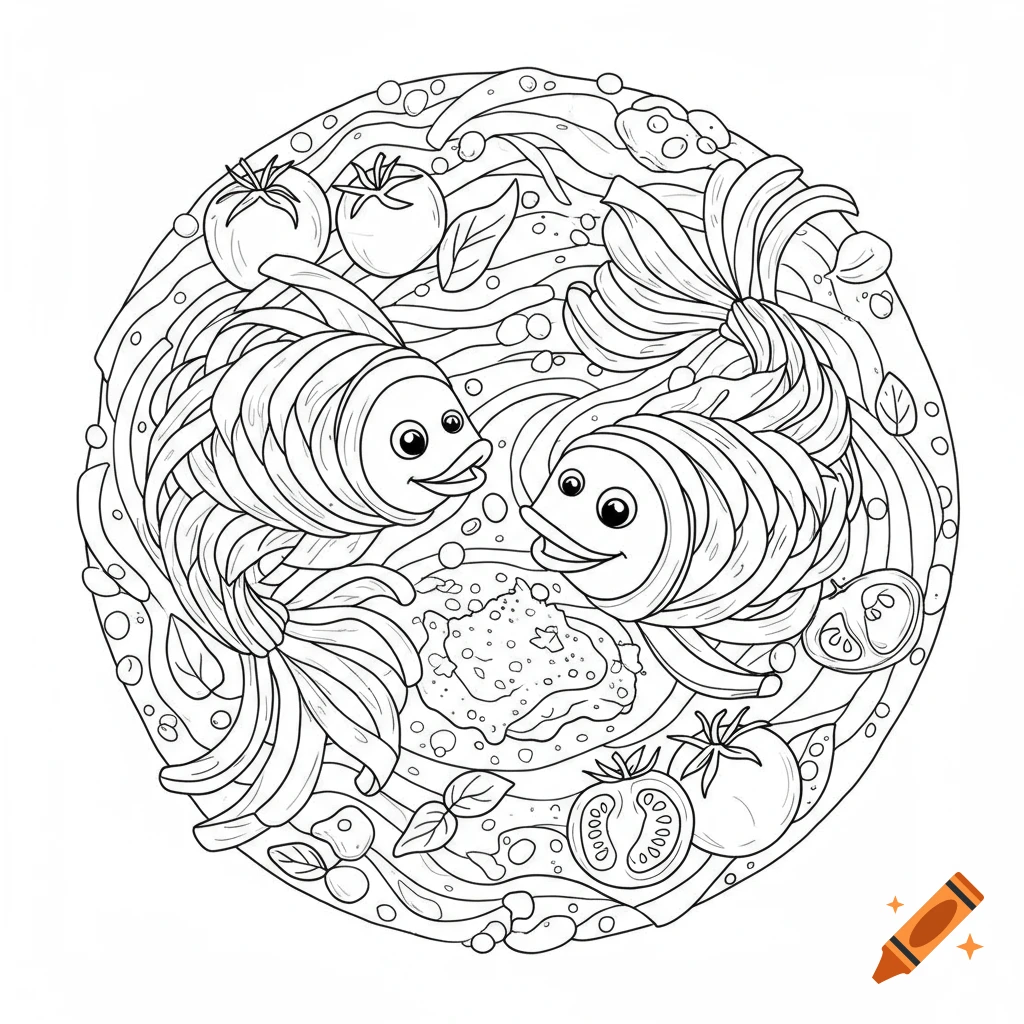 Black and white coloring page of two fish made of pasta in a dish with tomatoes.