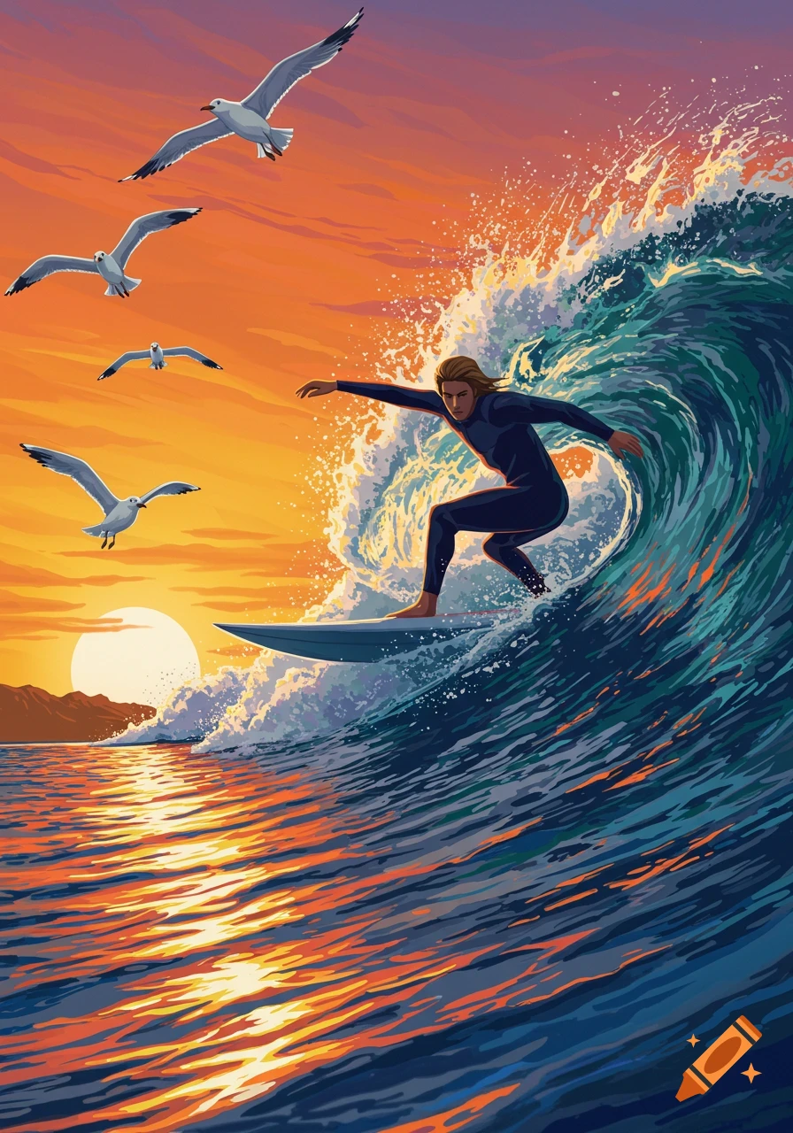 Stylized illustration of a surfer riding a large wave at sunset with seagulls flying overhead.