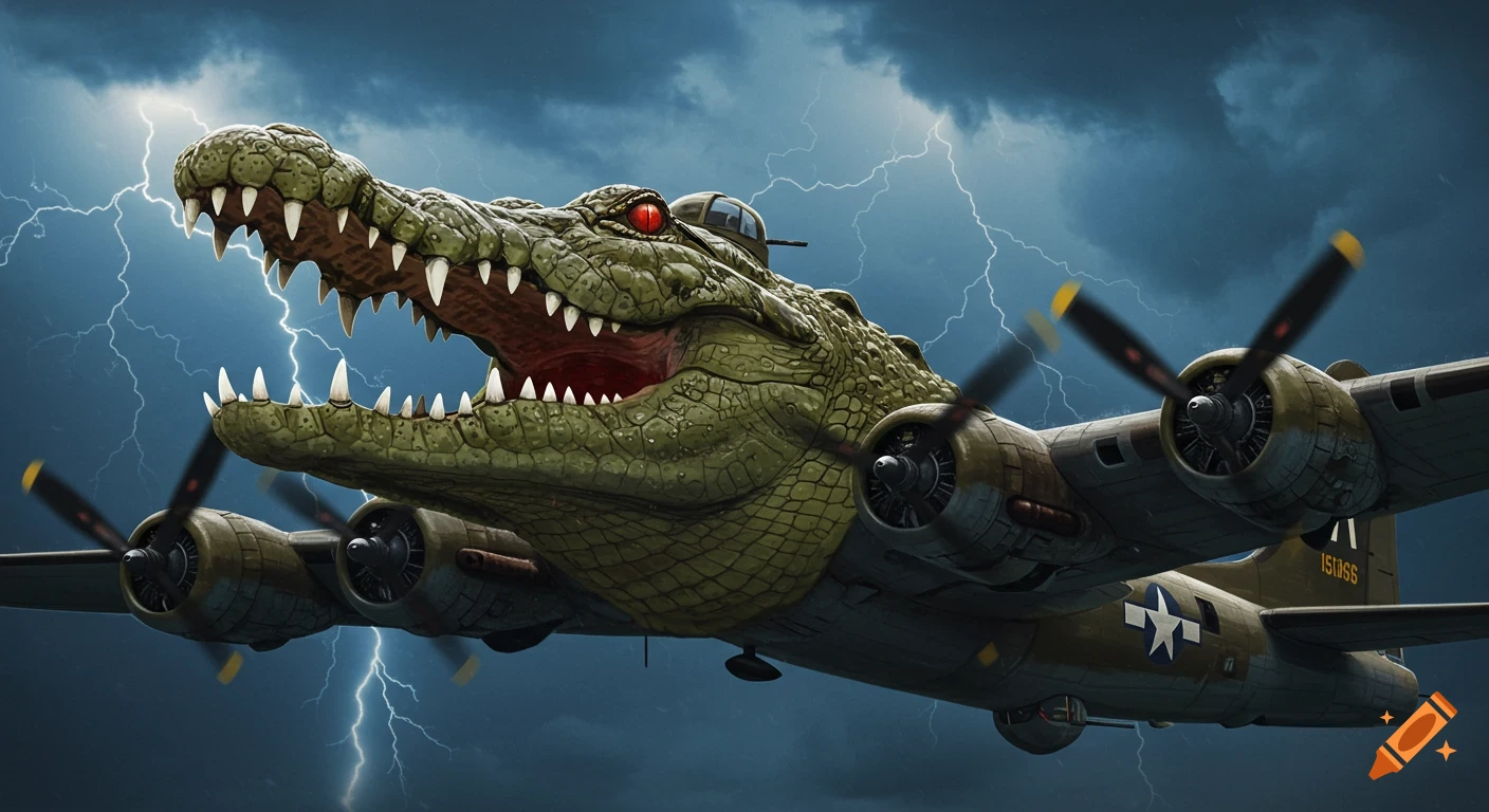 A bomber plane with a large crocodile head flies through a stormy sky filled with lightning.