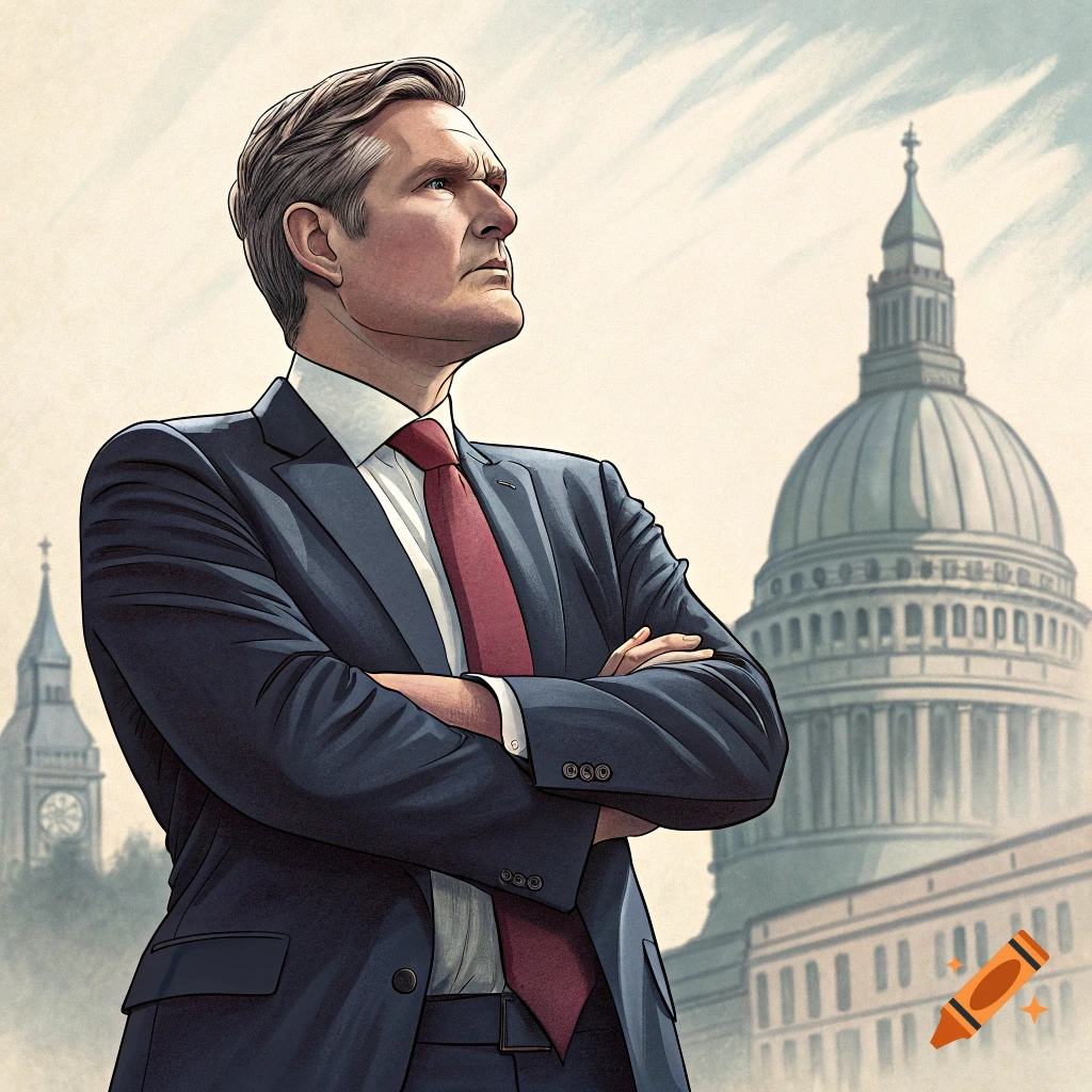 Illustration of a man in a suit standing in front of government buildings, arms crossed.