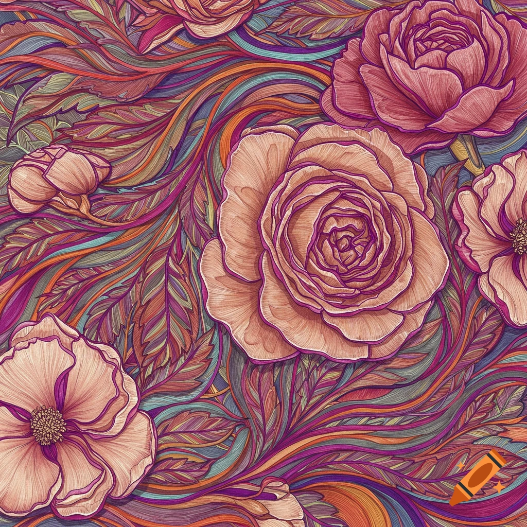 Detailed floral pattern illustration with large roses and leaves amidst colorful swirling lines.