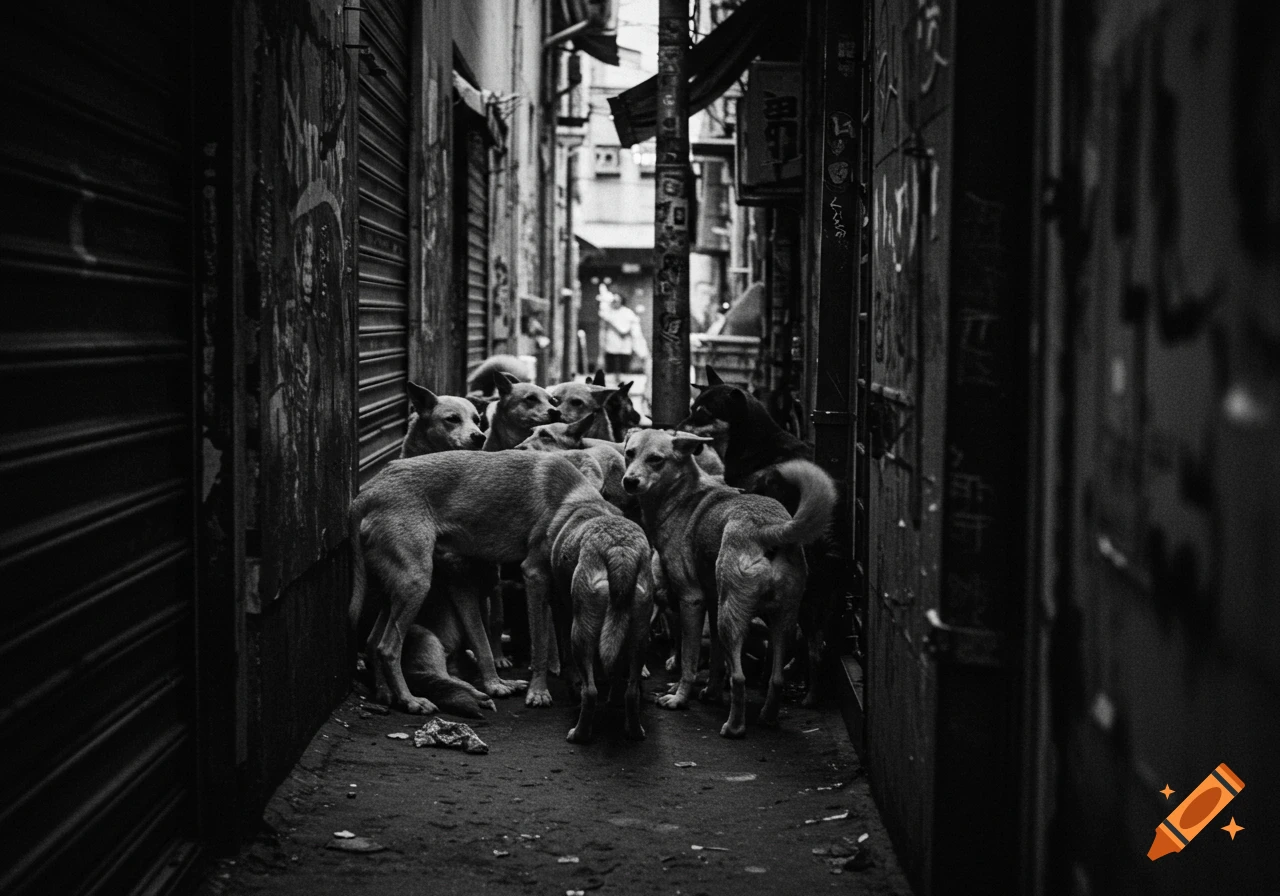 A group of stray dogs stand in a narrow, dark alley in black and white.