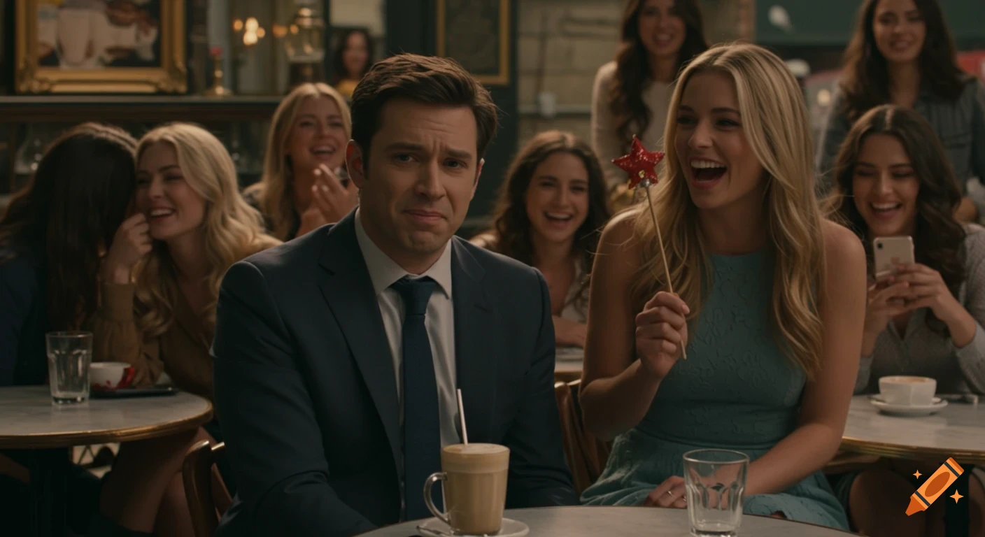 Man sits awkwardly in a cafe while others laugh around him, one woman holds a star wand.