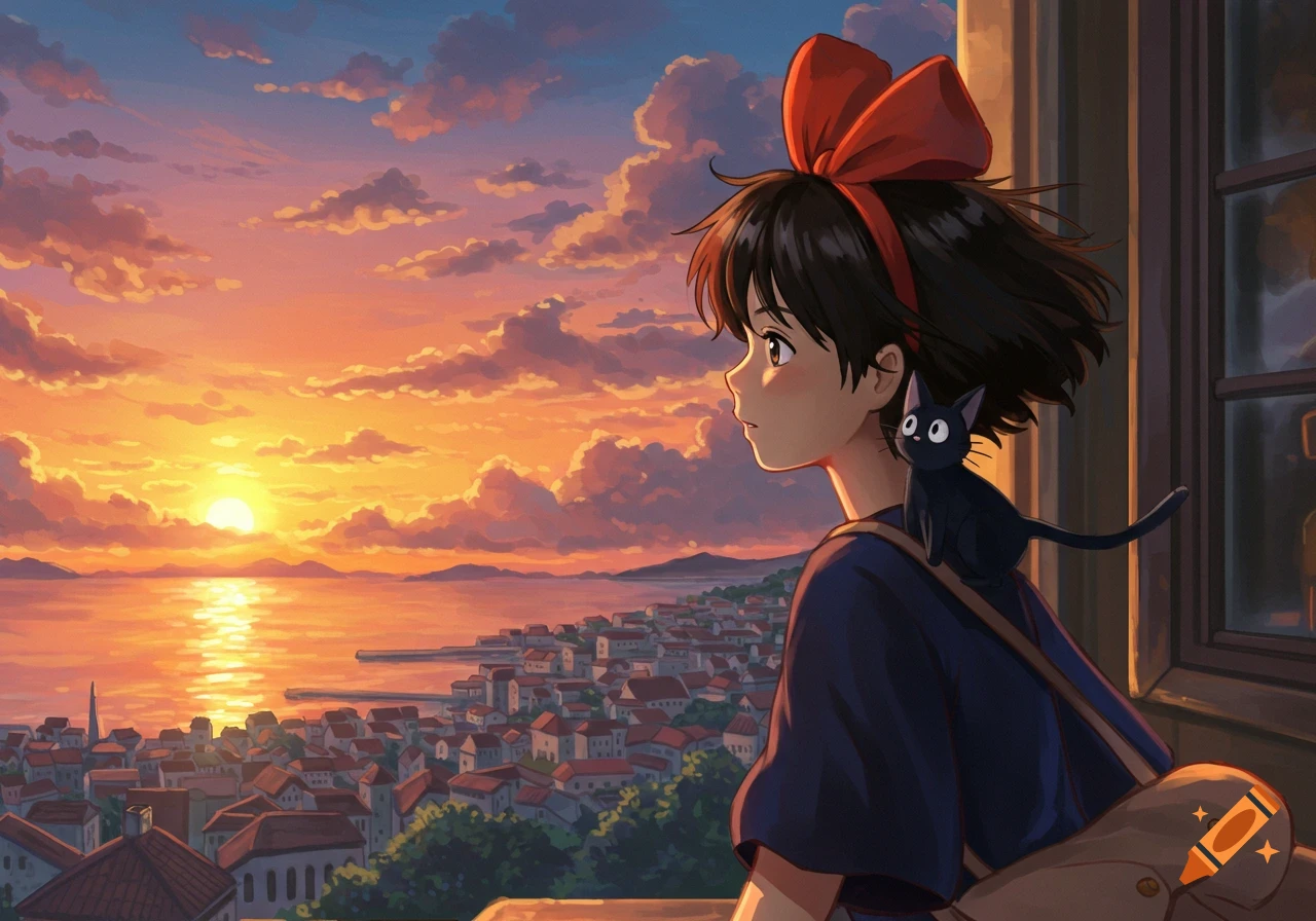 Kiki and Jiji look out from a window at a sunset over a coastal city, anime style.