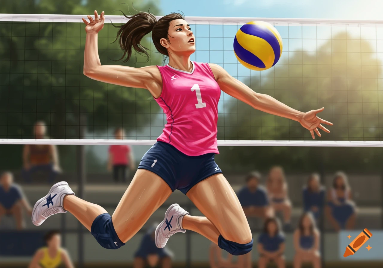 A female volleyball player in a pink jersey and blue shorts jumps to hit a ball in a dynamic illustration.