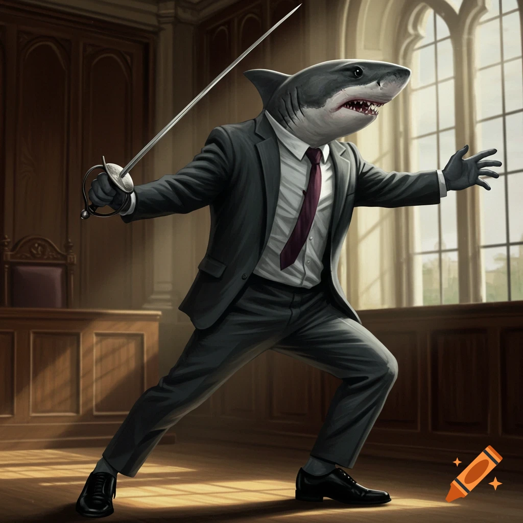 A shark in a suit holds a fencing sword in a courtroom.