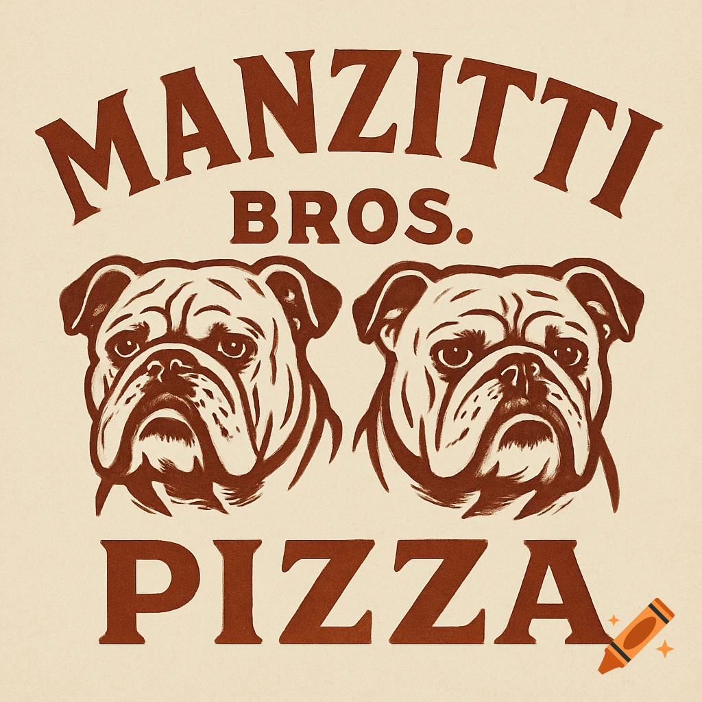 Logo featuring two bulldogs and the text MANZITTI BROS. PIZZA in brown on a cream background.