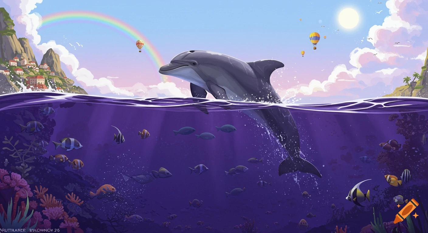Illustration of a dolphin jumping out of the water with fish below, a rainbow, hot air balloons, and a coastal town.