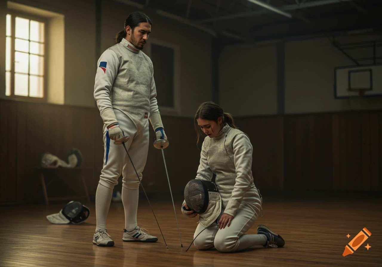 A man stands over a kneeling woman in fencing gear in a dramatic, dimly lit gym scene.