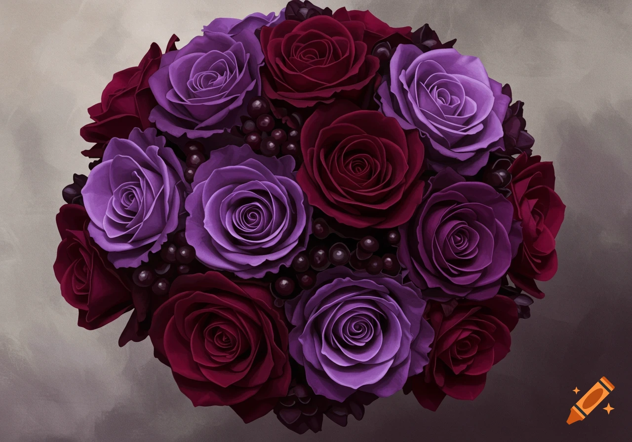 Illustration of a bouquet of dark purple and dark red roses
