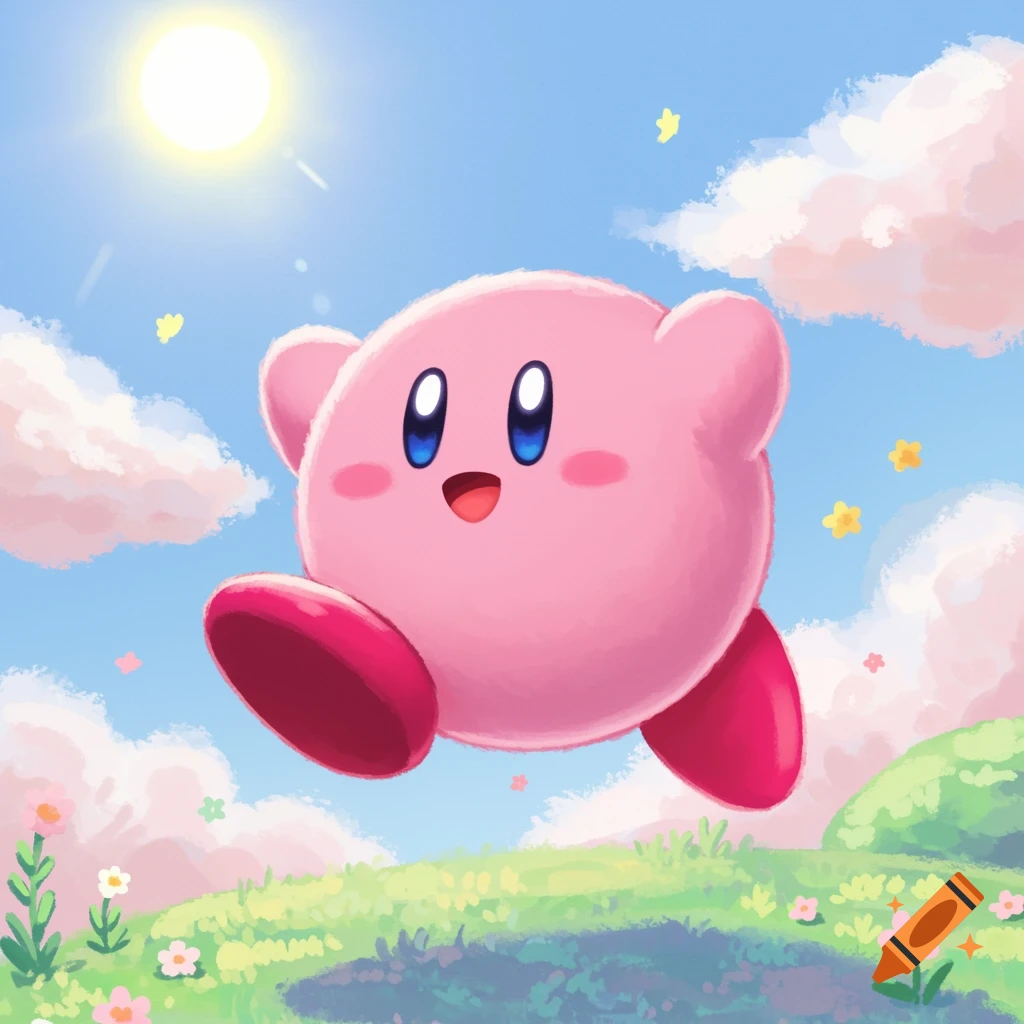 Pink Kirby jumping through a grassy field with flowers under a sunny, cloudy sky.