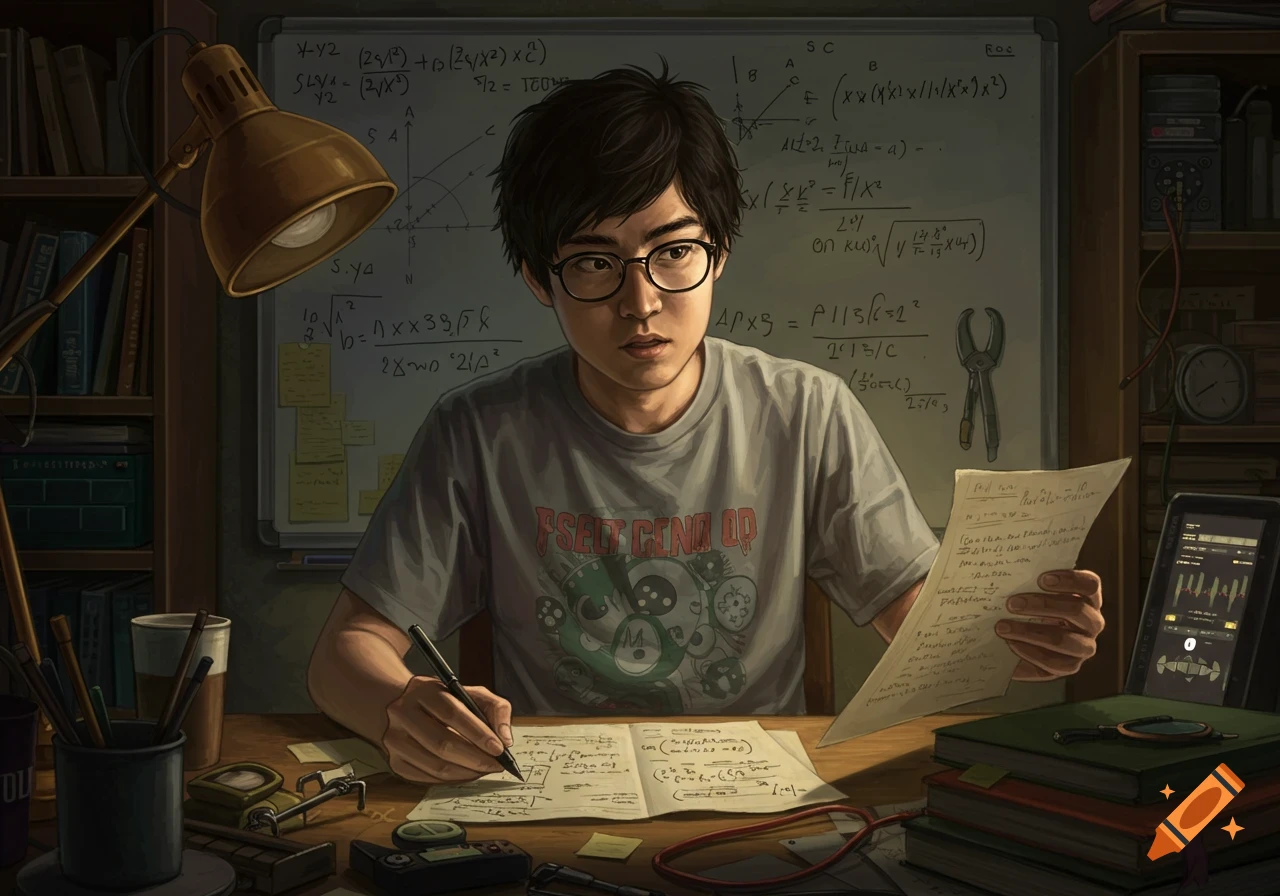 A young man wearing glasses sits at a desk studying math formulas.