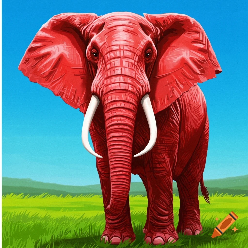 An illustration of a red elephant standing in a grassy field.