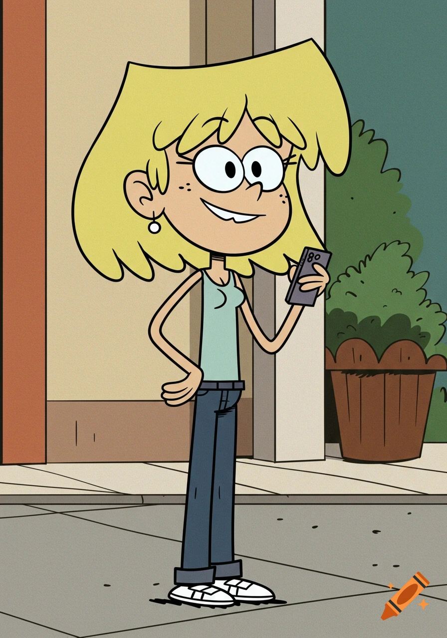 A cartoon character resembling Lori Loud stands outside, looking at her phone.