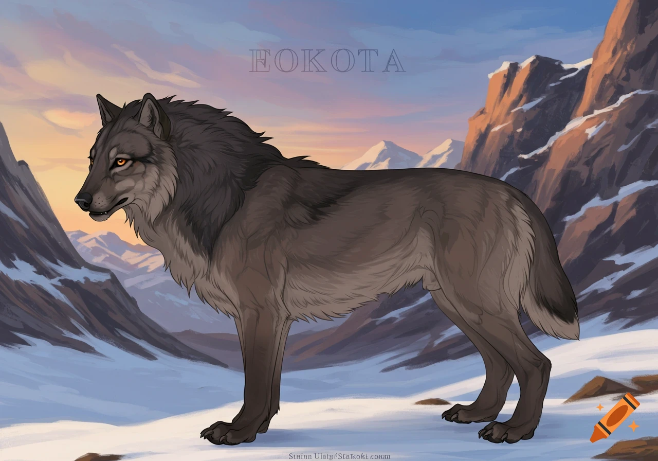 A gray wolf stands in a snowy mountain landscape at sunset, digital art style.
