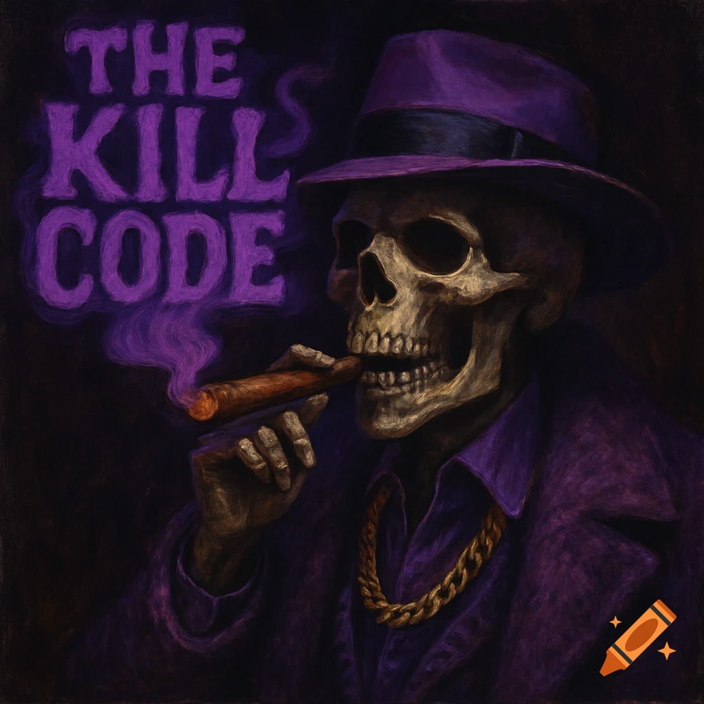 Illustration of a skeleton in a purple suit and fedora smoking a cigar, with purple smoke saying 'THE KILL CODE'.