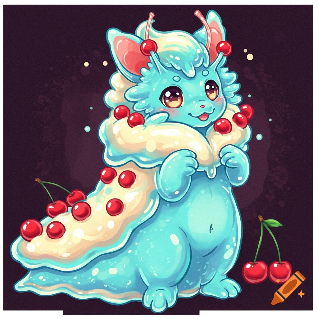 Cute blue fantasy creature covered in cream and cherries in anime style