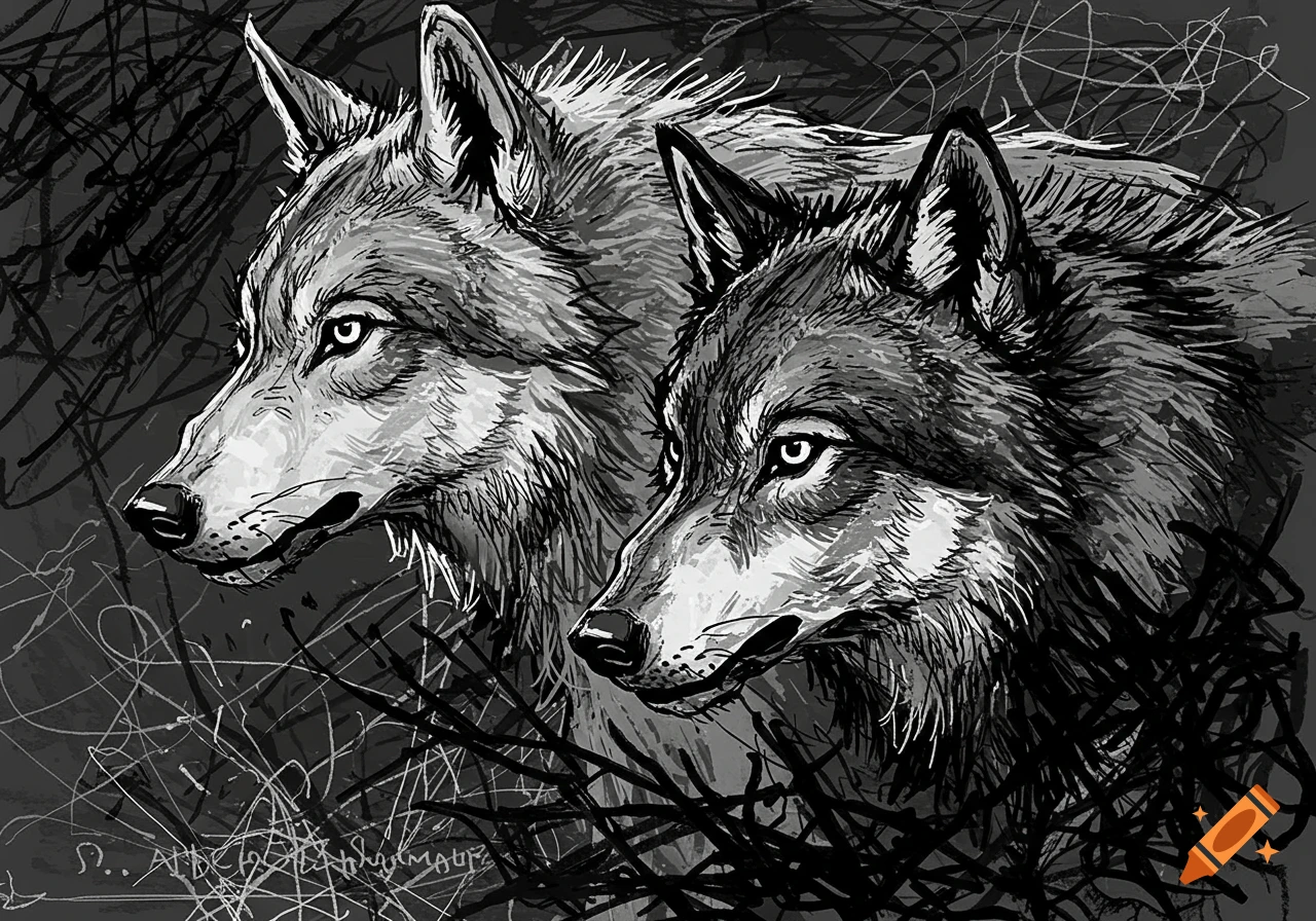 Black and white illustration of two wolves' heads in a chaotic, scratchy style.