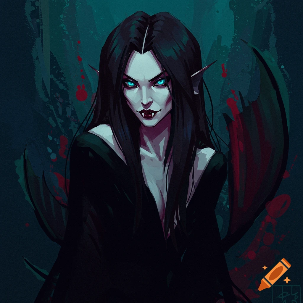 Stylized illustration of a dark-haired vampire-like woman with fangs and glowing blue eyes.