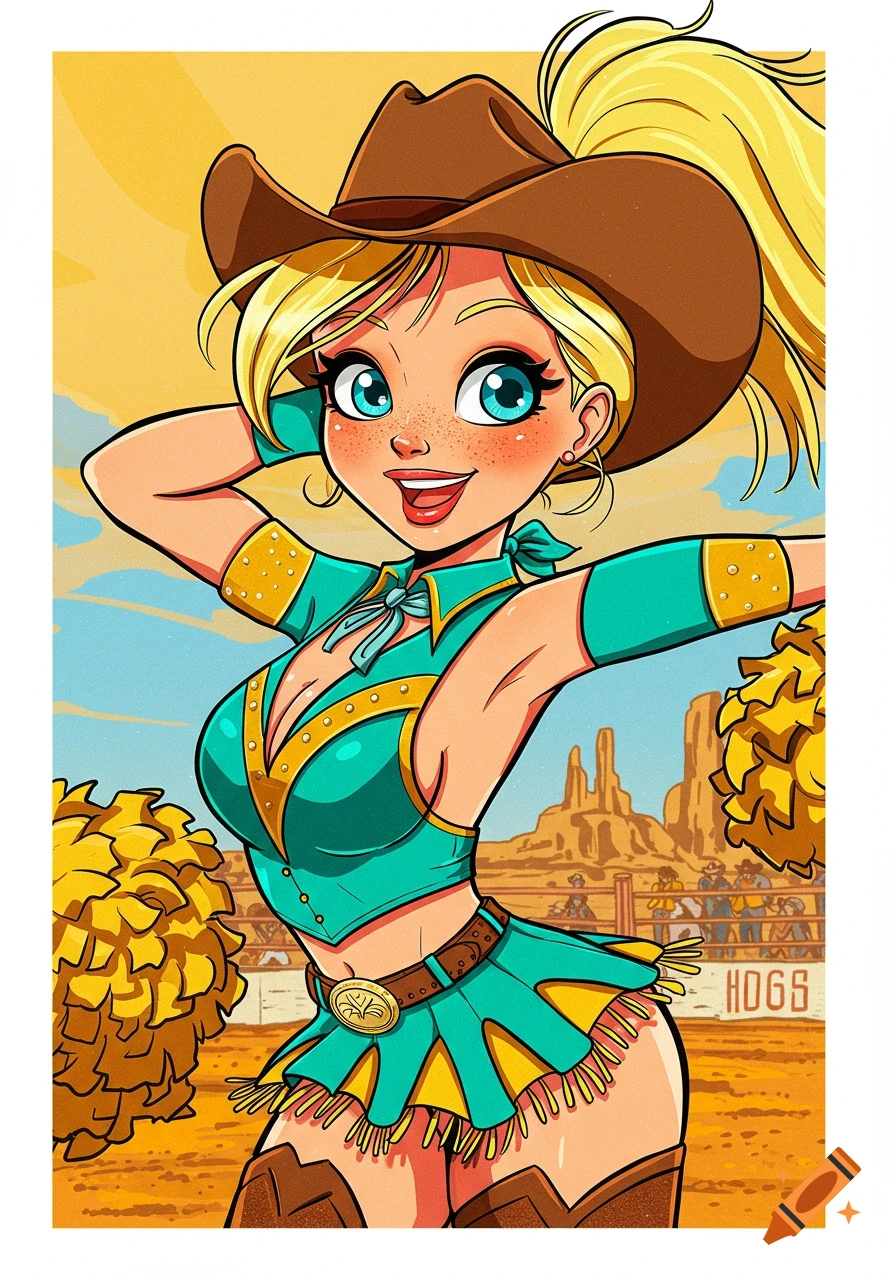 Cartoon of a blonde woman in a cowboy cheerleader outfit holding pom-poms in a western arena.