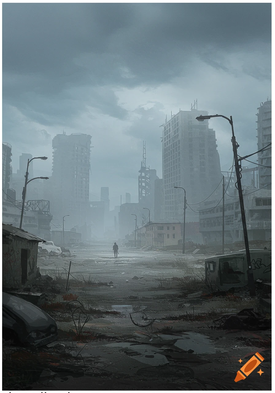Lone figure walks down a street in a ruined city under a cloudy sky.