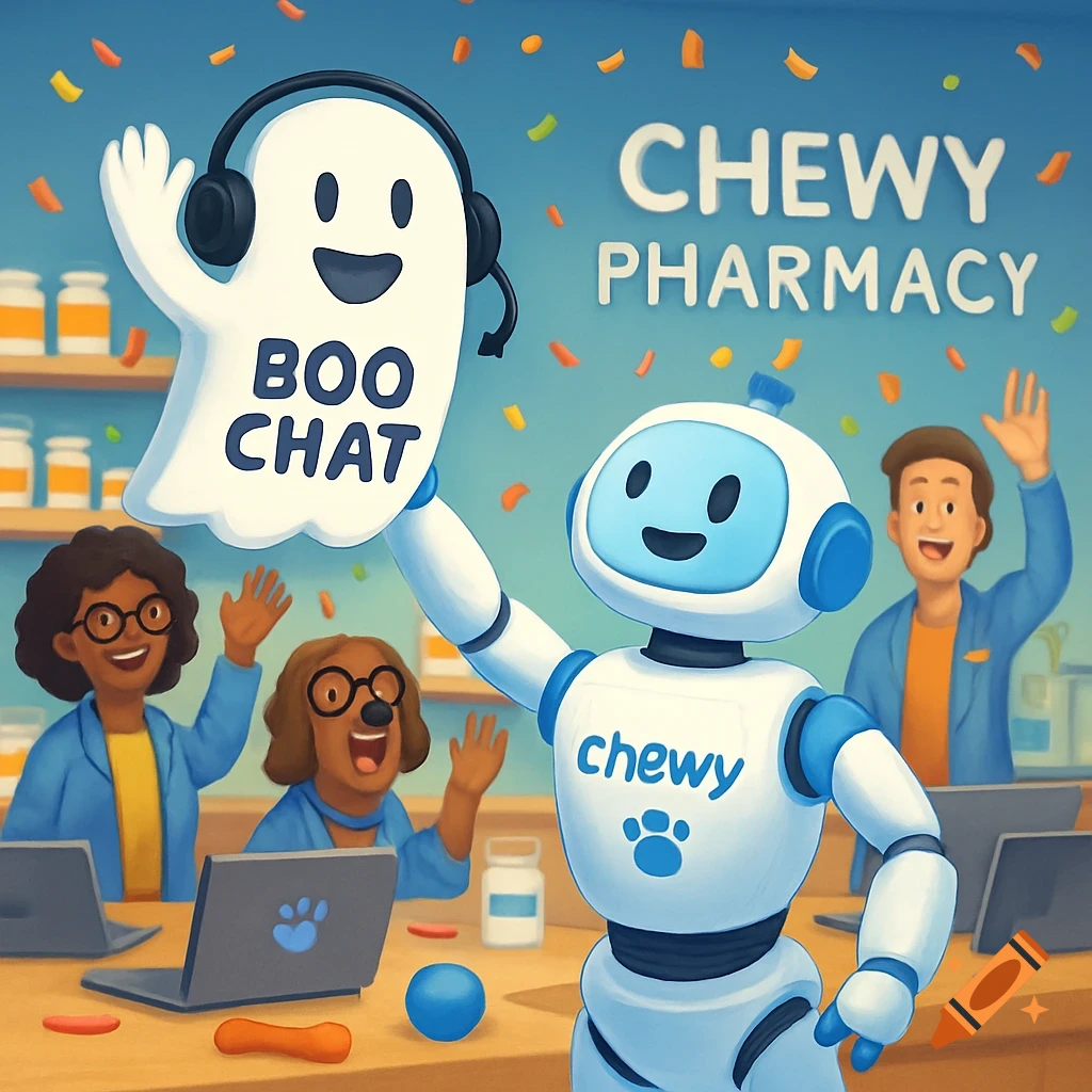 Illustration of a robot holding a ghost chat bubble with people waving in a pharmacy.