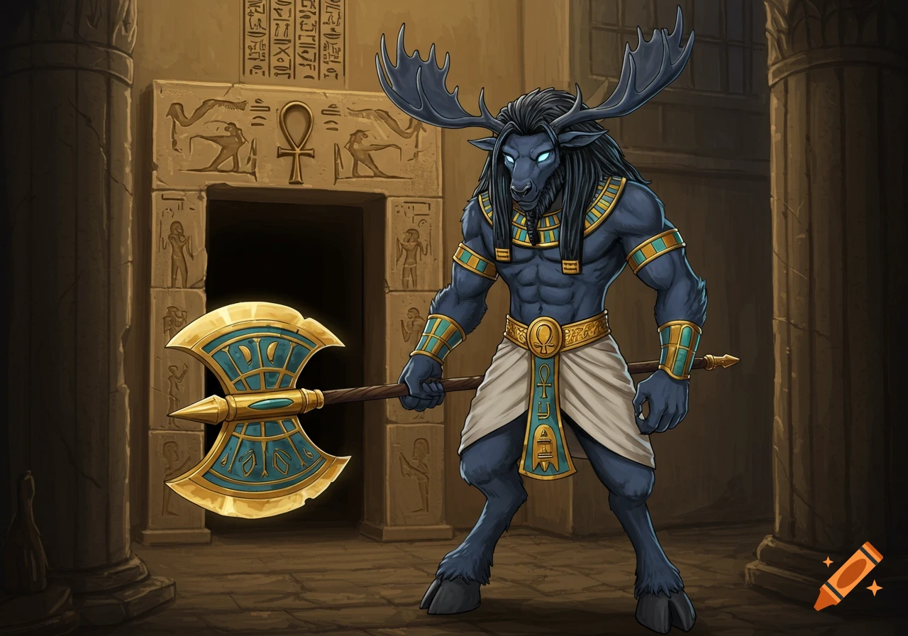 A weremoose in ancient Egyptian armor and kilt holds a large golden fan axe inside a temple.