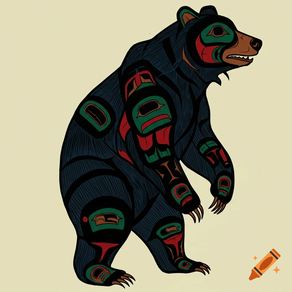 A drawing of a bear in the Salish art style.