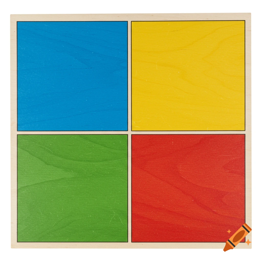 A simple wooden board game or puzzle with four colored squares: blue, yellow, green, and red.