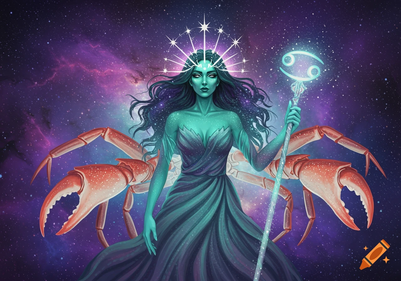 Fantasy illustration of a zodiac empress representing Cancer, with a large crab and staff against a galaxy background.