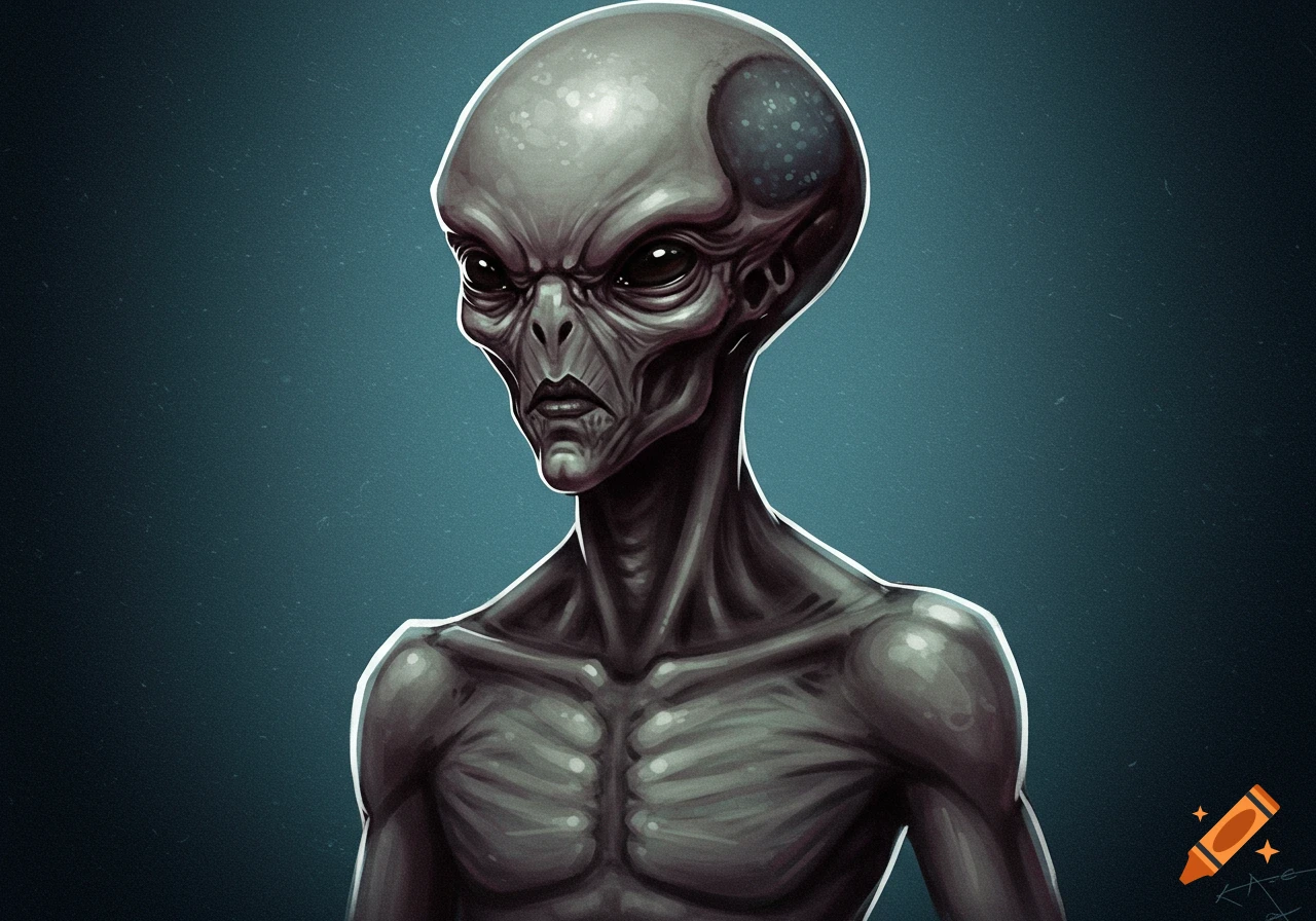 A detailed illustration of a grey alien with a large head, big eyes, and wrinkled face.